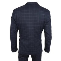 Terno masculino IM3 de três peças, xadrez azul-marinho, corte sob medida.