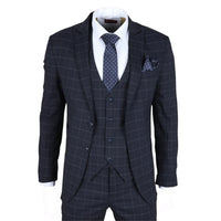 Terno masculino IM3 de três peças, xadrez azul-marinho, corte sob medida.