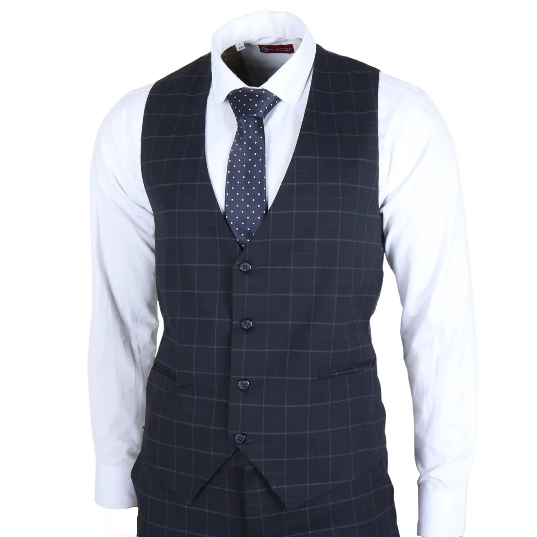 Terno masculino IM3 de três peças, xadrez azul-marinho, corte sob medida.