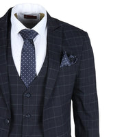 Terno masculino IM3 de três peças, xadrez azul-marinho, corte sob medida.