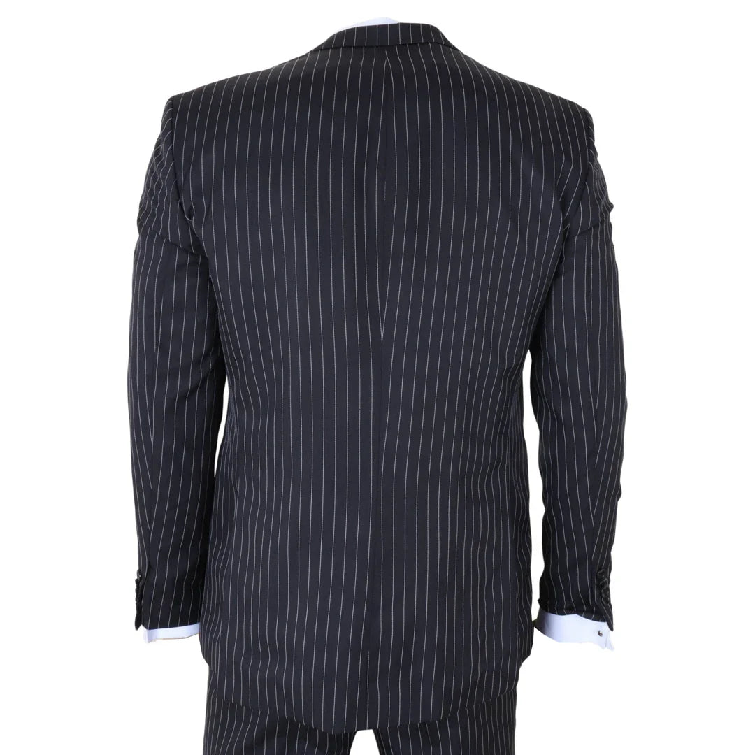 IM45 - Terno masculino preto de 3 peças com risca de giz estilo máfia