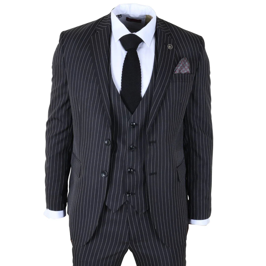 IM45 - Terno masculino preto de 3 peças com risca de giz estilo máfia