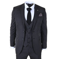 IM45 - Terno masculino preto de 3 peças com risca de giz estilo máfia