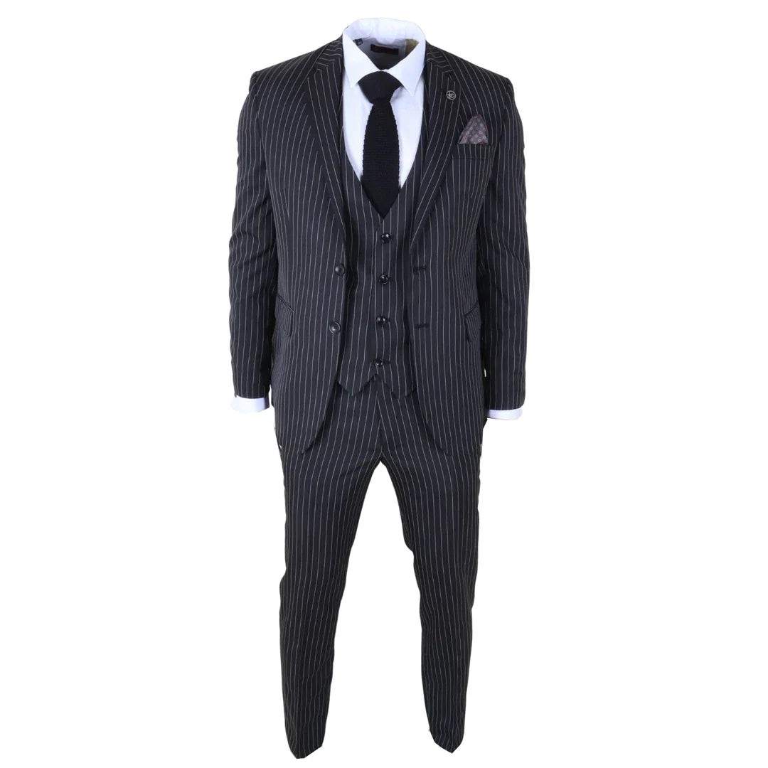 IM45 - Terno masculino preto de 3 peças com risca de giz estilo máfia