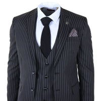 IM45 - Terno masculino preto de 3 peças com risca de giz estilo máfia