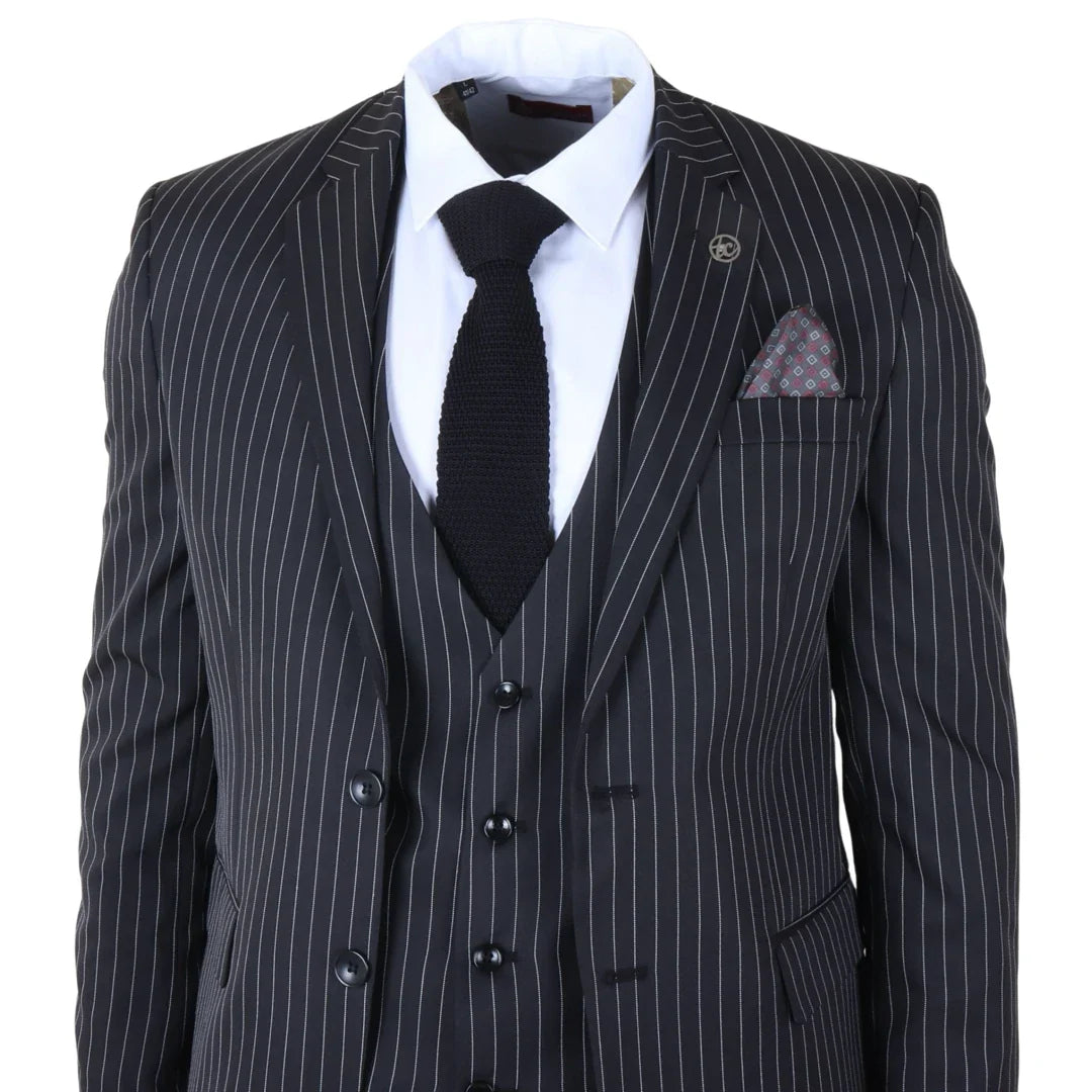 IM45 - Terno masculino preto de 3 peças com risca de giz estilo máfia