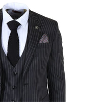 IM45 - Terno masculino preto de 3 peças com risca de giz estilo máfia