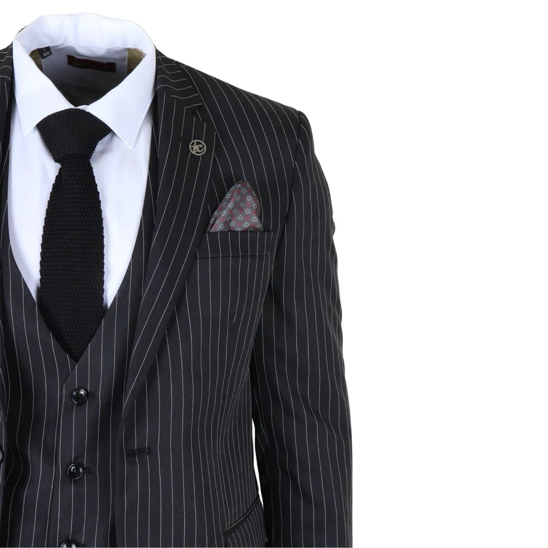 IM45 - Terno masculino preto de 3 peças com risca de giz estilo máfia