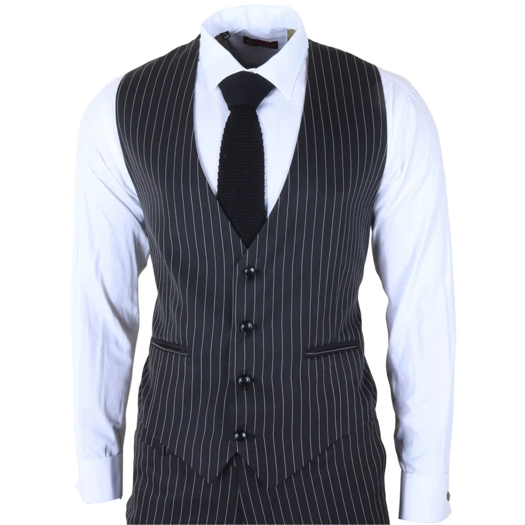 IM45 - Terno masculino preto de 3 peças com risca de giz estilo máfia