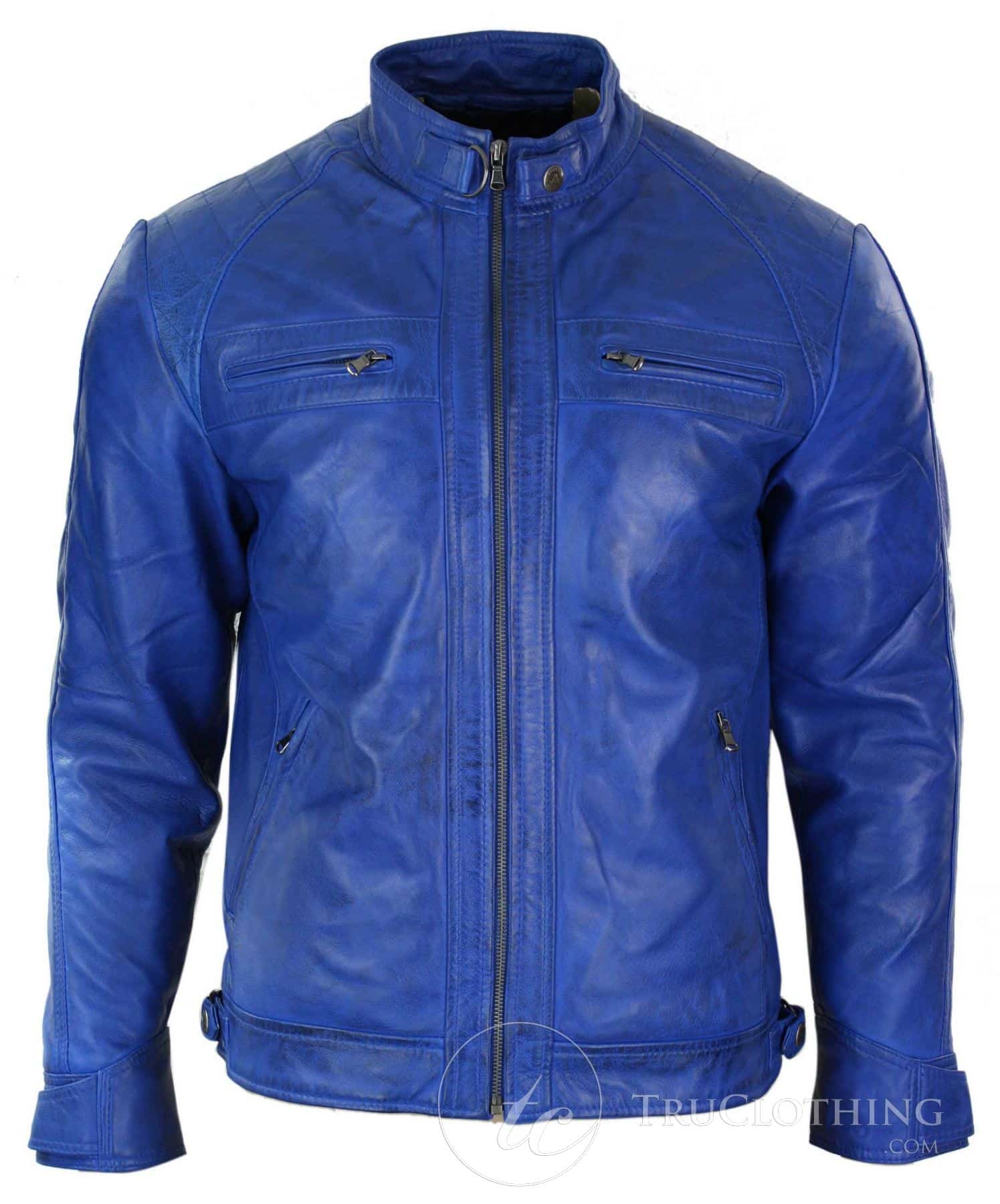 Jaqueta de couro legítimo estilo retrô masculina Avitrix, com zíper, preta e azul.