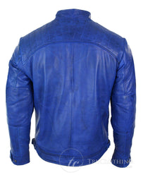Jaqueta de couro legítimo estilo retrô masculina Avitrix, com zíper, preta e azul.