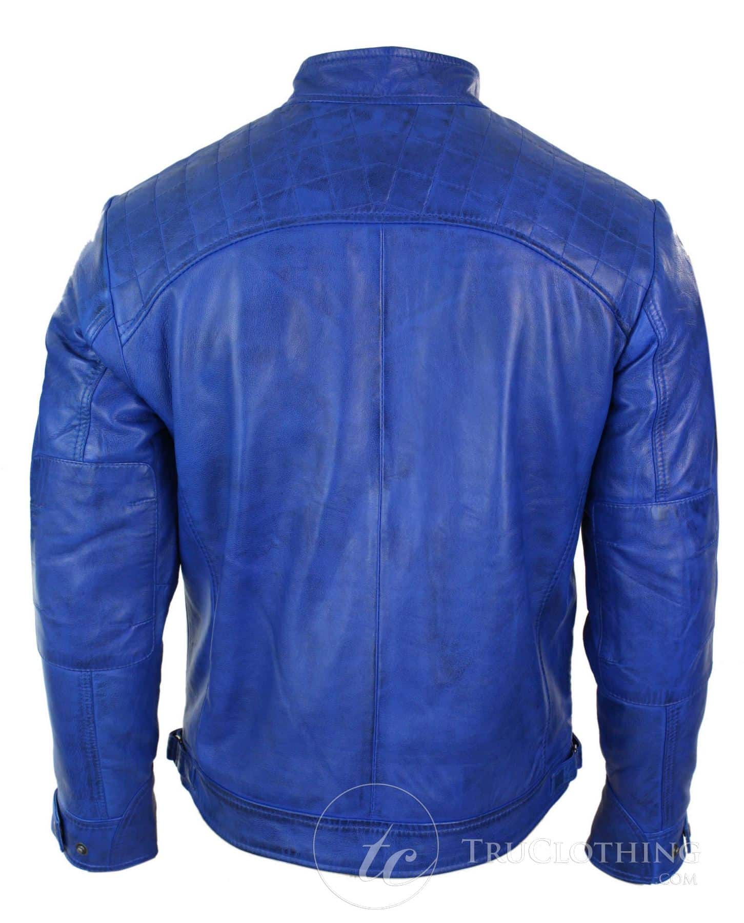 Jaqueta de couro legítimo estilo retrô masculina Avitrix, com zíper, preta e azul.