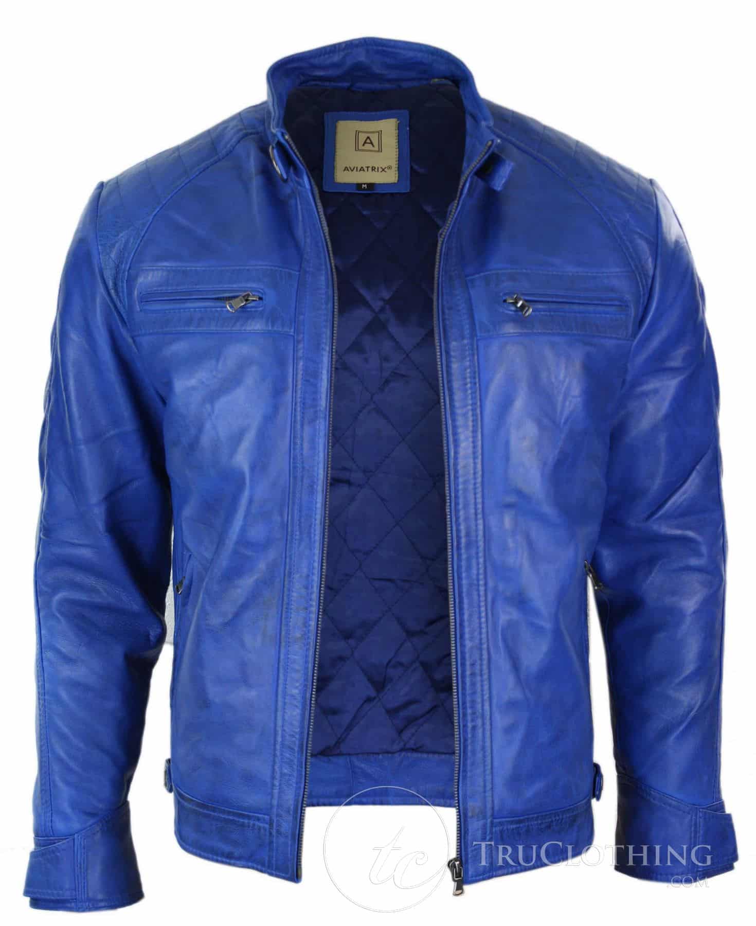 Jaqueta de couro legítimo estilo retrô masculina Avitrix, com zíper, preta e azul.