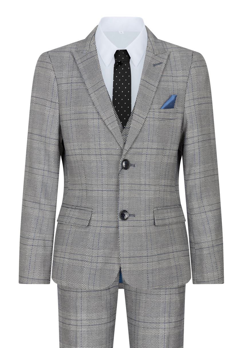 Terno infantil Marc Darcy de 3 peças, cinza, Príncipe de Gales, xadrez azul, estilo vintage retrô.