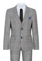 Terno infantil Marc Darcy de 3 peças, cinza, Príncipe de Gales, xadrez azul, estilo vintage retrô.