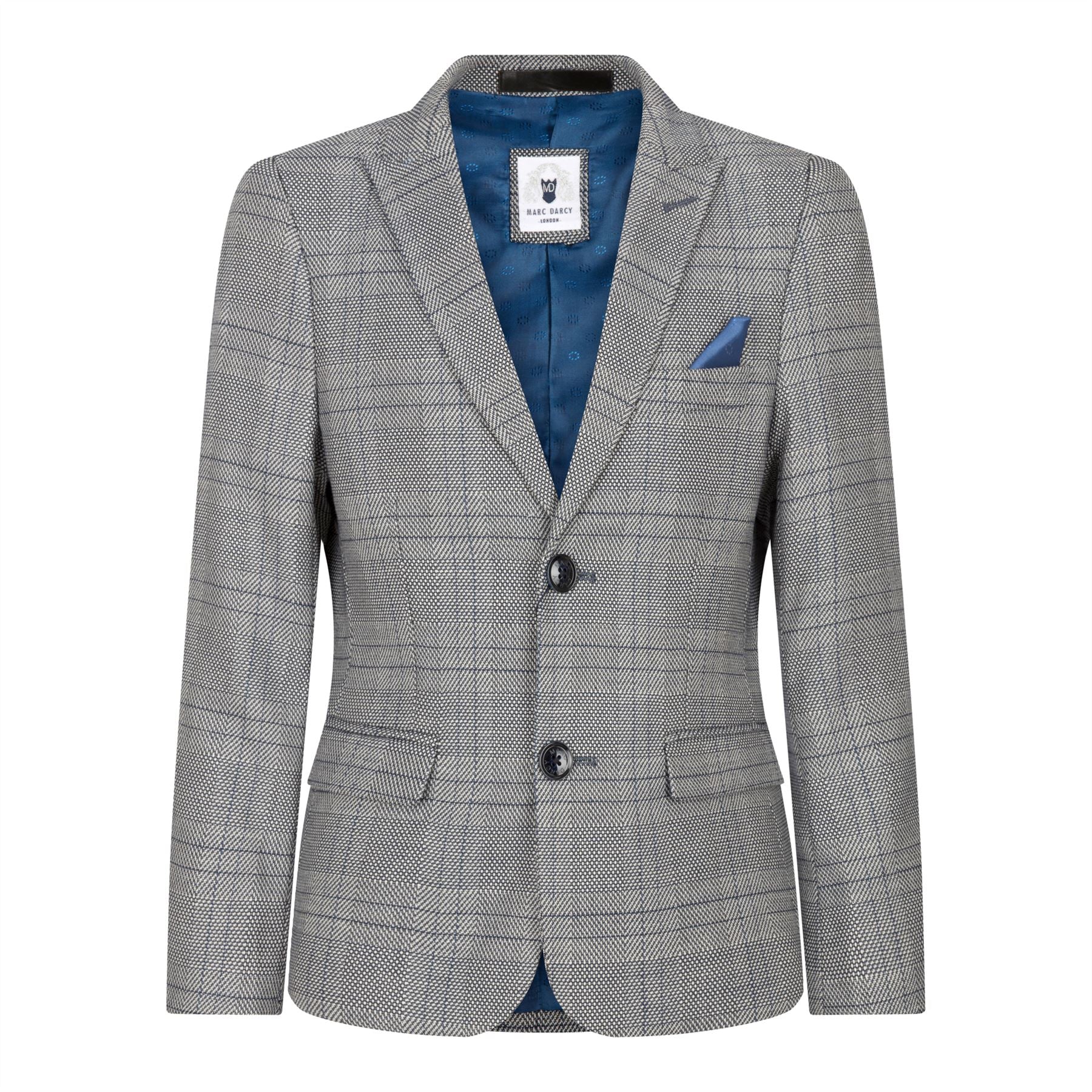 Terno infantil Marc Darcy de 3 peças, cinza, Príncipe de Gales, xadrez azul, estilo vintage retrô.