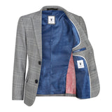 Terno infantil Marc Darcy de 3 peças, cinza, Príncipe de Gales, xadrez azul, estilo vintage retrô.