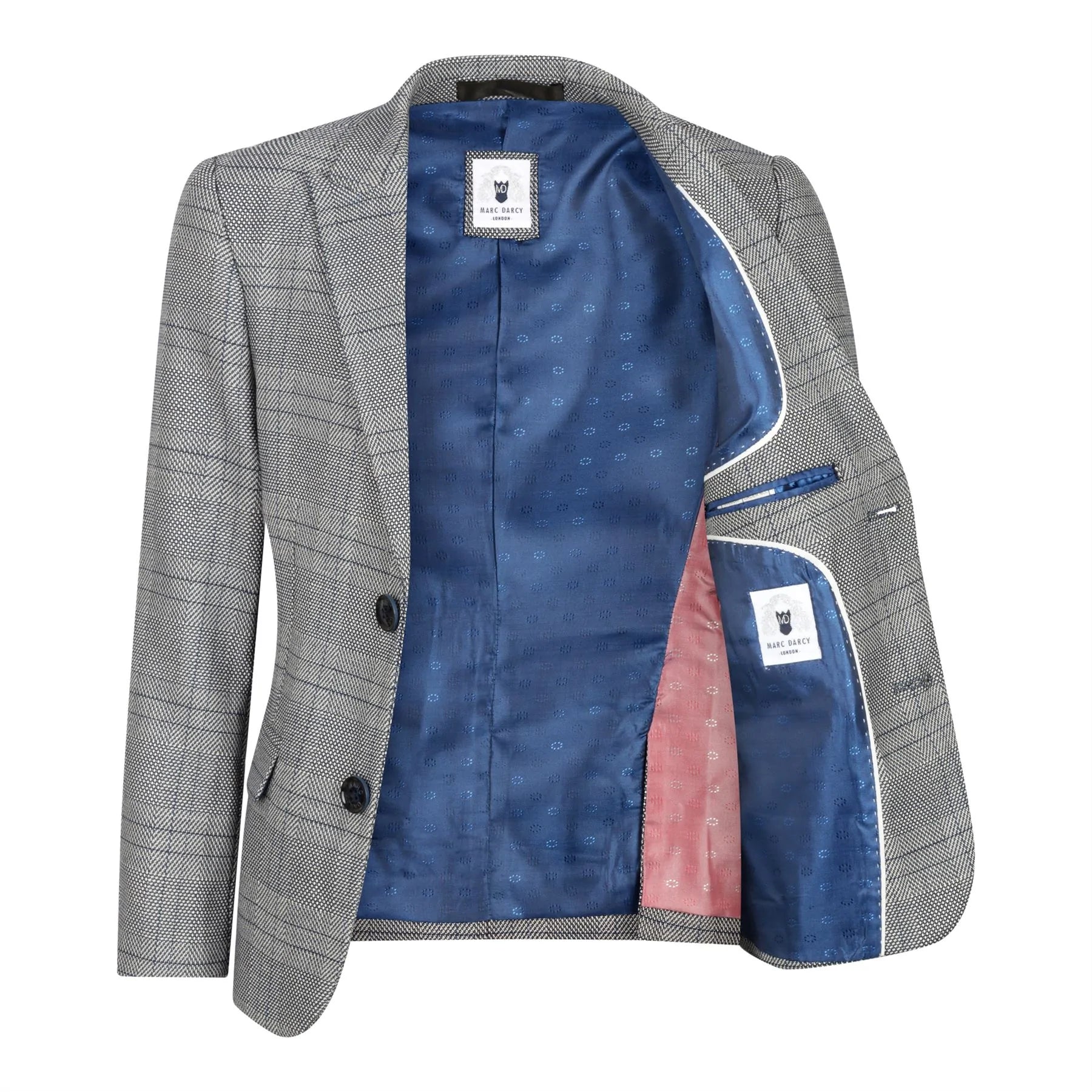 Terno infantil Marc Darcy de 3 peças, cinza, Príncipe de Gales, xadrez azul, estilo vintage retrô.