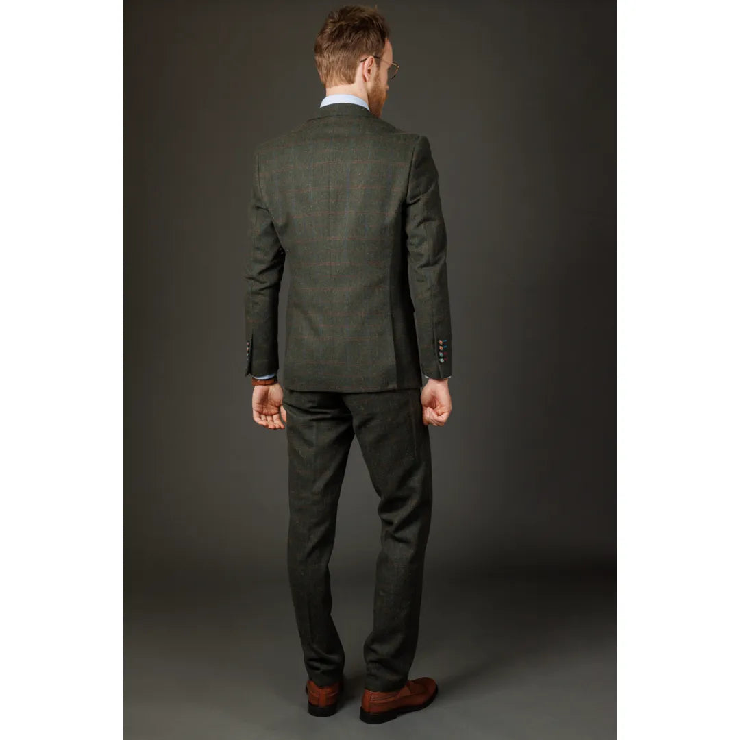 Terno masculino Joshua de 3 peças em tweed verde, corte slim.
