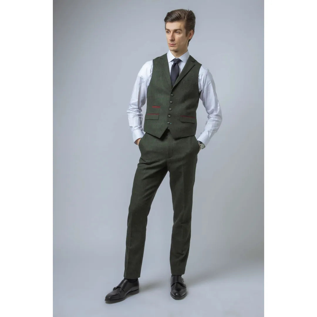 Terno masculino Joshua de 3 peças em tweed verde, corte slim.