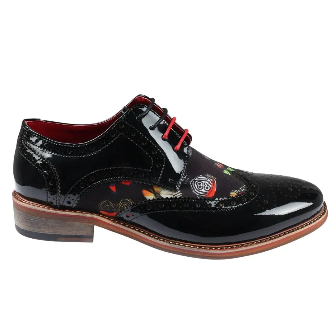 Julius - Sapatos Brogue Masculinos em Couro Envernizado com Estampa de Borboletas