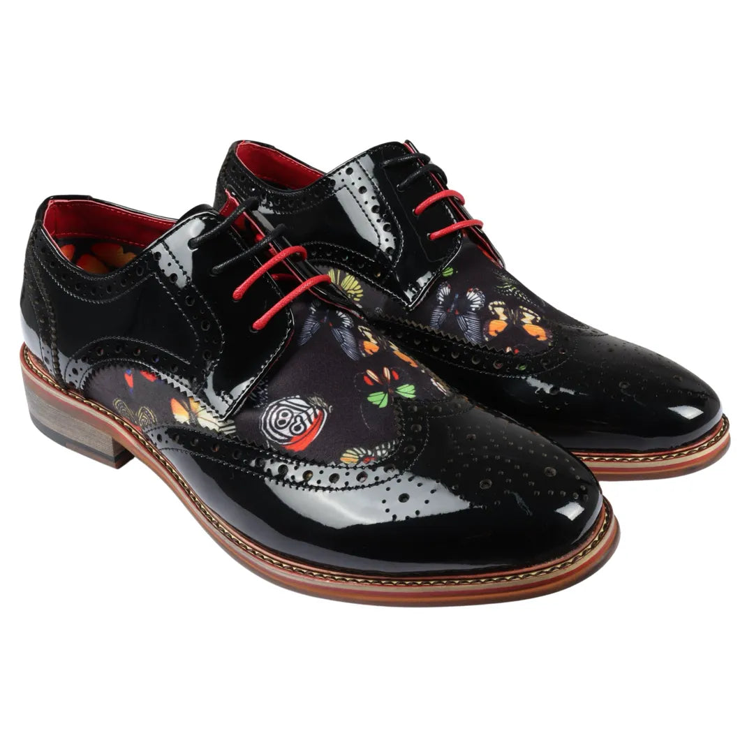 Julius - Sapatos Brogue Masculinos em Couro Envernizado com Estampa de Borboletas
