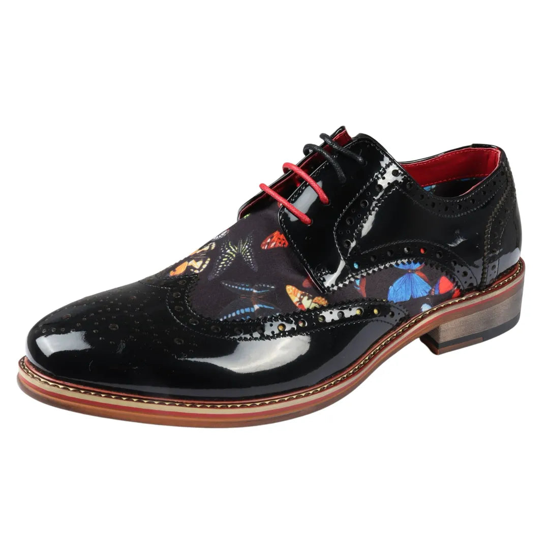 Julius - Sapatos Brogue Masculinos em Couro Envernizado com Estampa de Borboletas