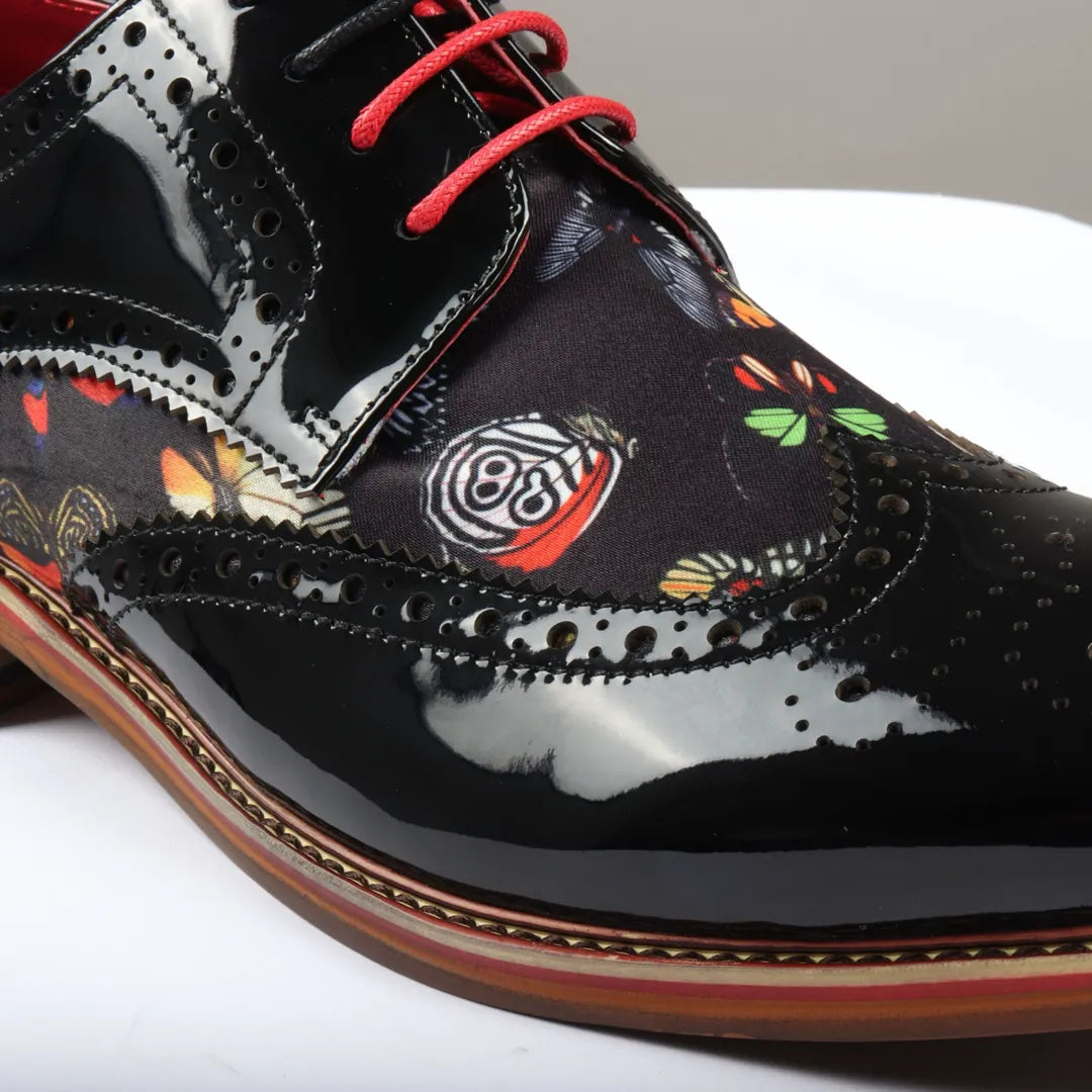 Julius - Sapatos Brogue Masculinos em Couro Envernizado com Estampa de Borboletas