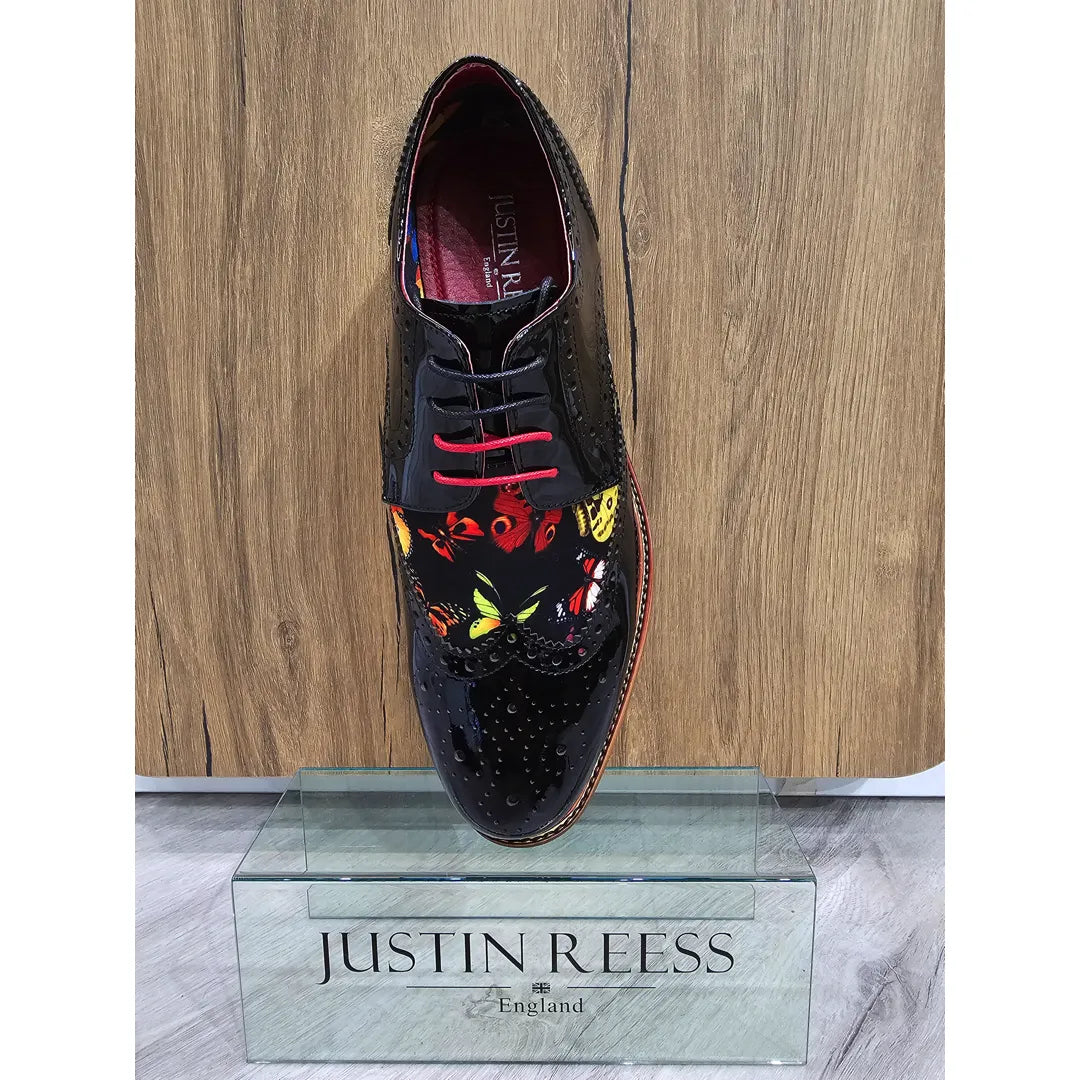 Julius - Sapatos Brogue Masculinos em Couro Envernizado com Estampa de Borboletas
