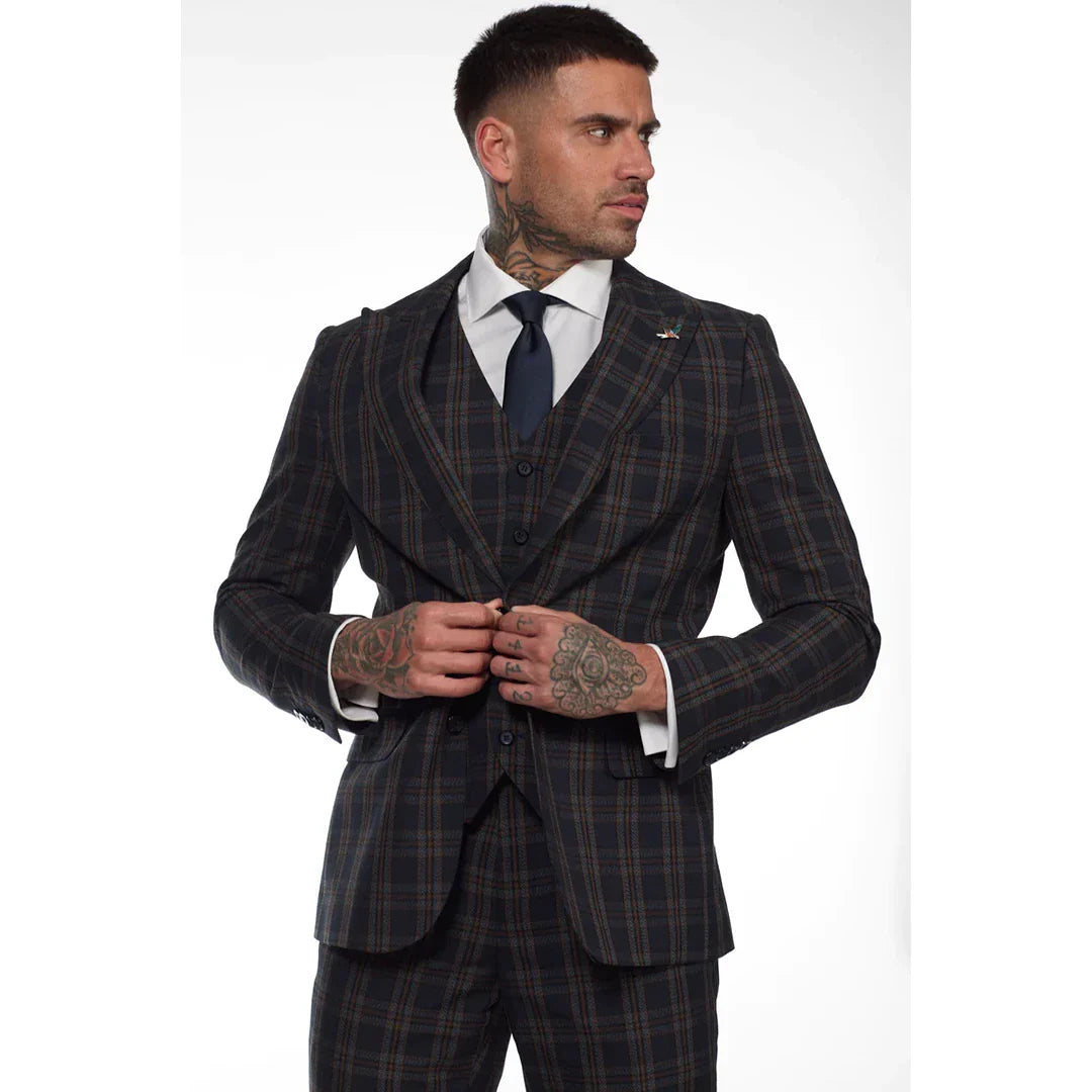 MT22Z0720 - Terno Masculino Azul Marinho de 3 Peças com Estampa Xadrez