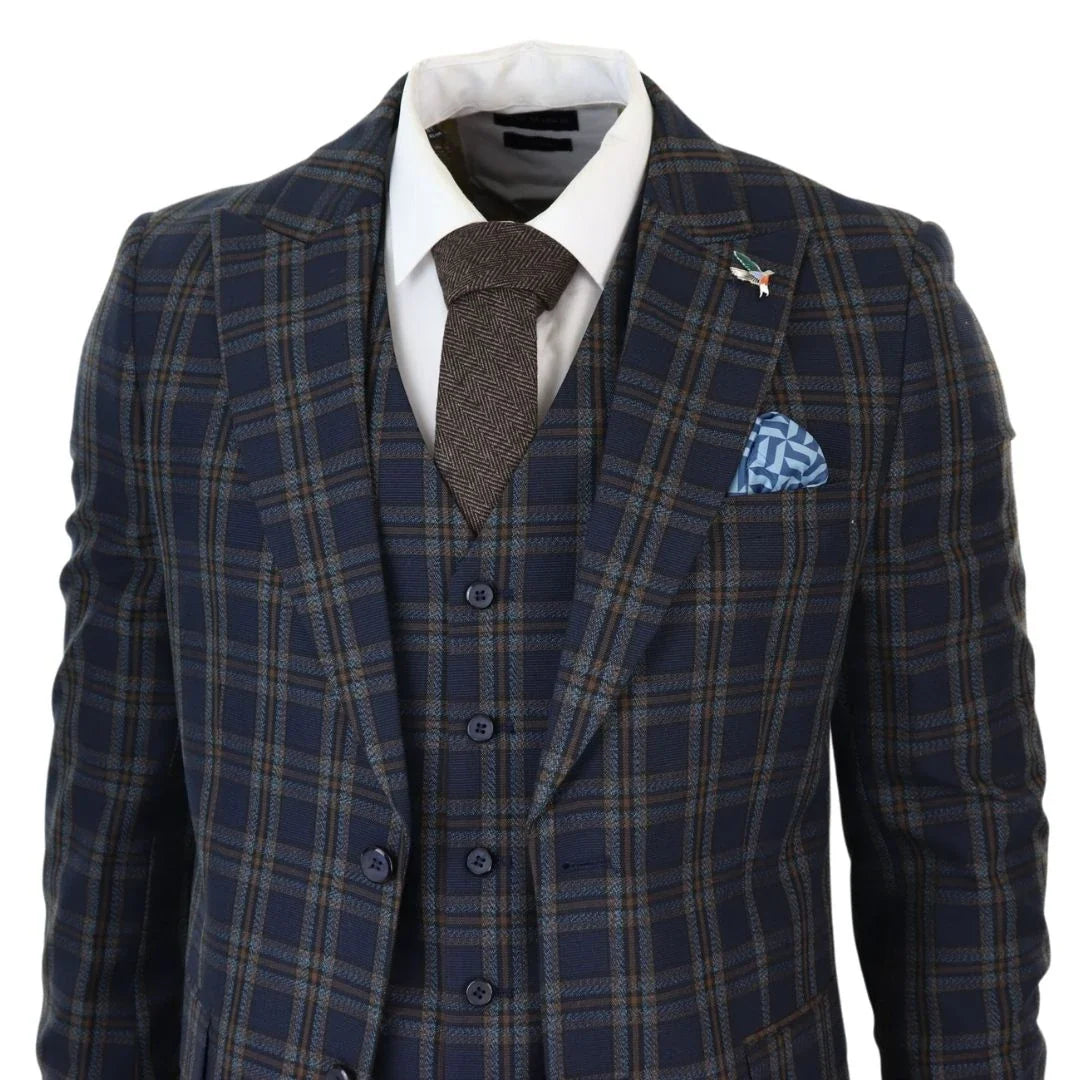 MT22Z0720 - Terno Masculino Azul Marinho de 3 Peças com Estampa Xadrez