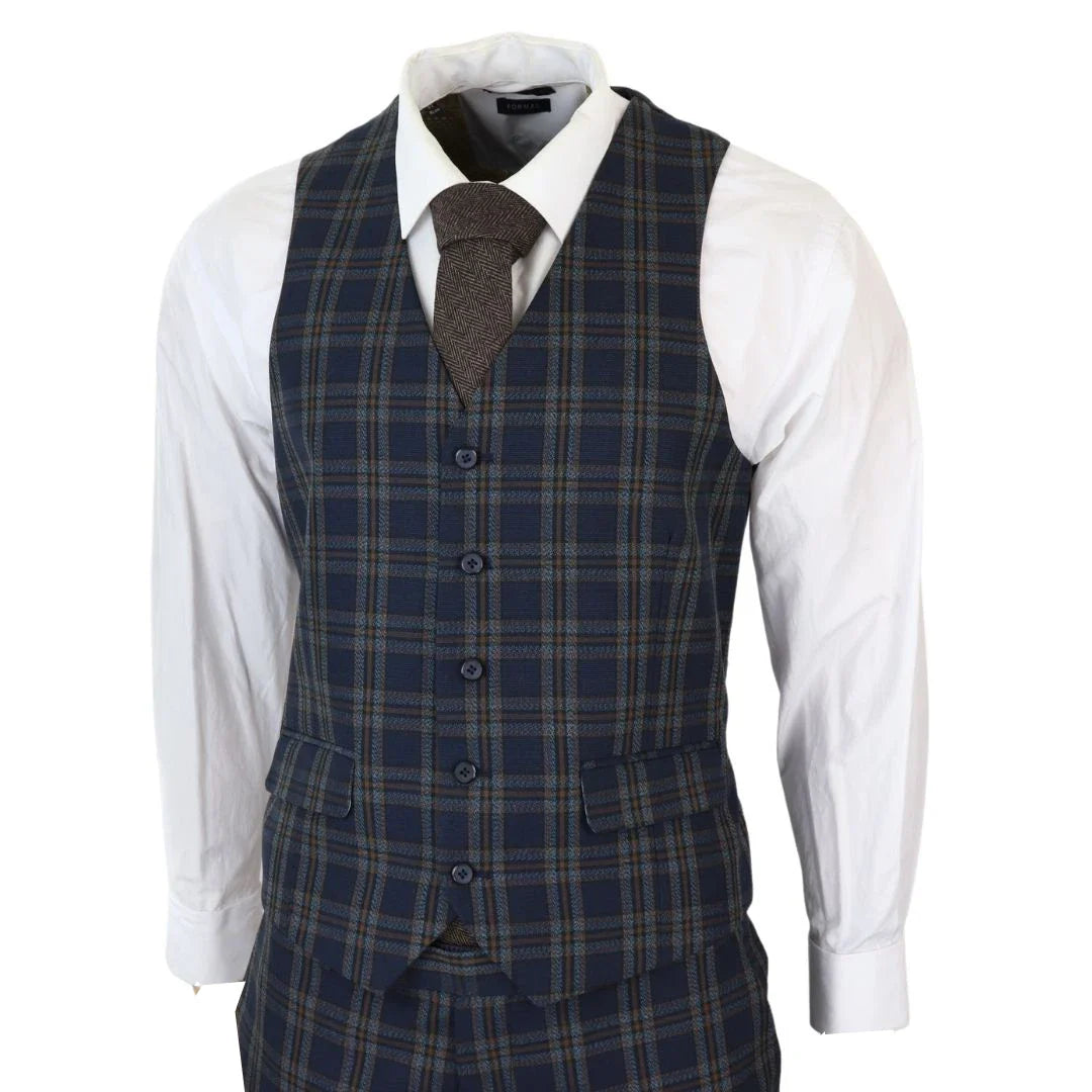 MT22Z0720 - Terno Masculino Azul Marinho de 3 Peças com Estampa Xadrez