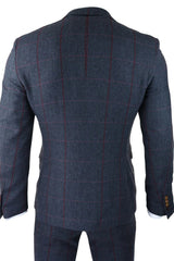 Terno masculino de tweed espinha de peixe, xadrez vermelho e azul marinho, 3 peças, estilo vintage anos 1920, corte sob medida.