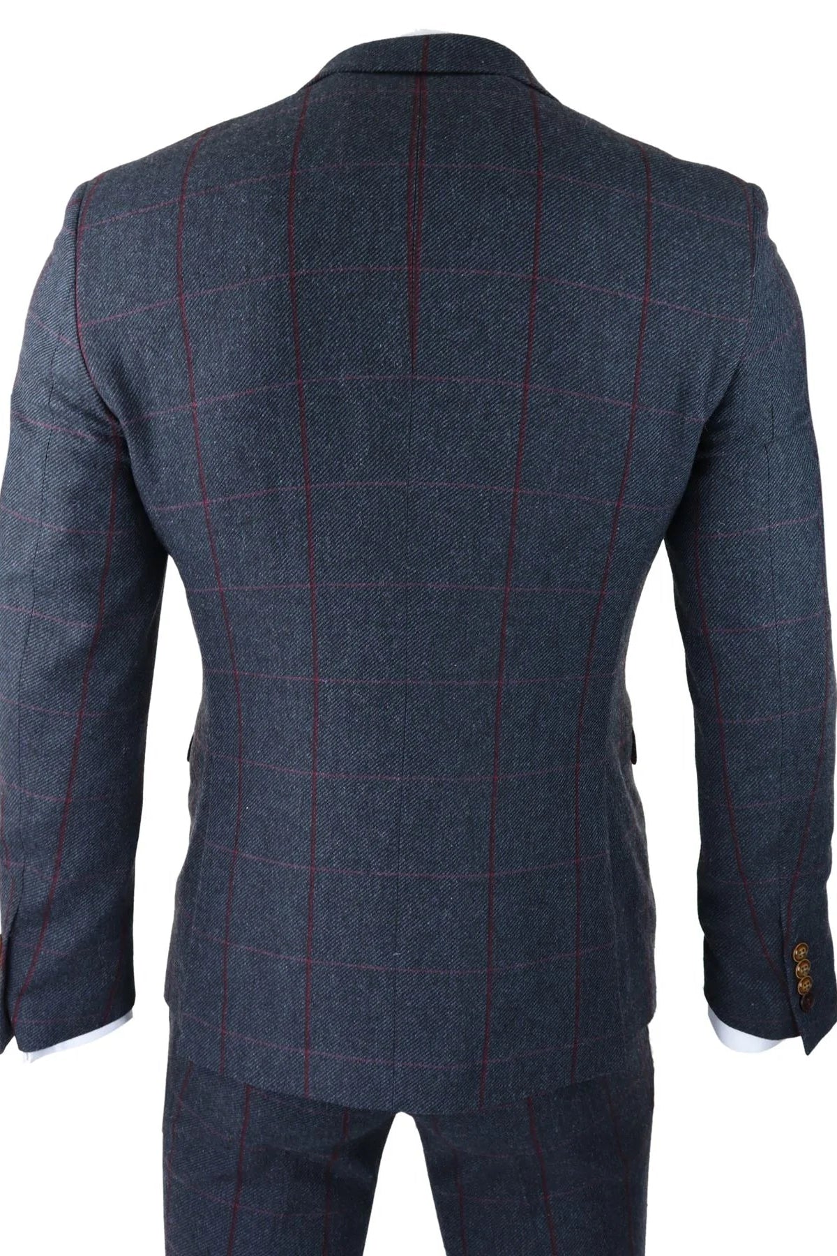 Terno masculino de tweed espinha de peixe, xadrez vermelho e azul marinho, 3 peças, estilo vintage anos 1920, corte sob medida.