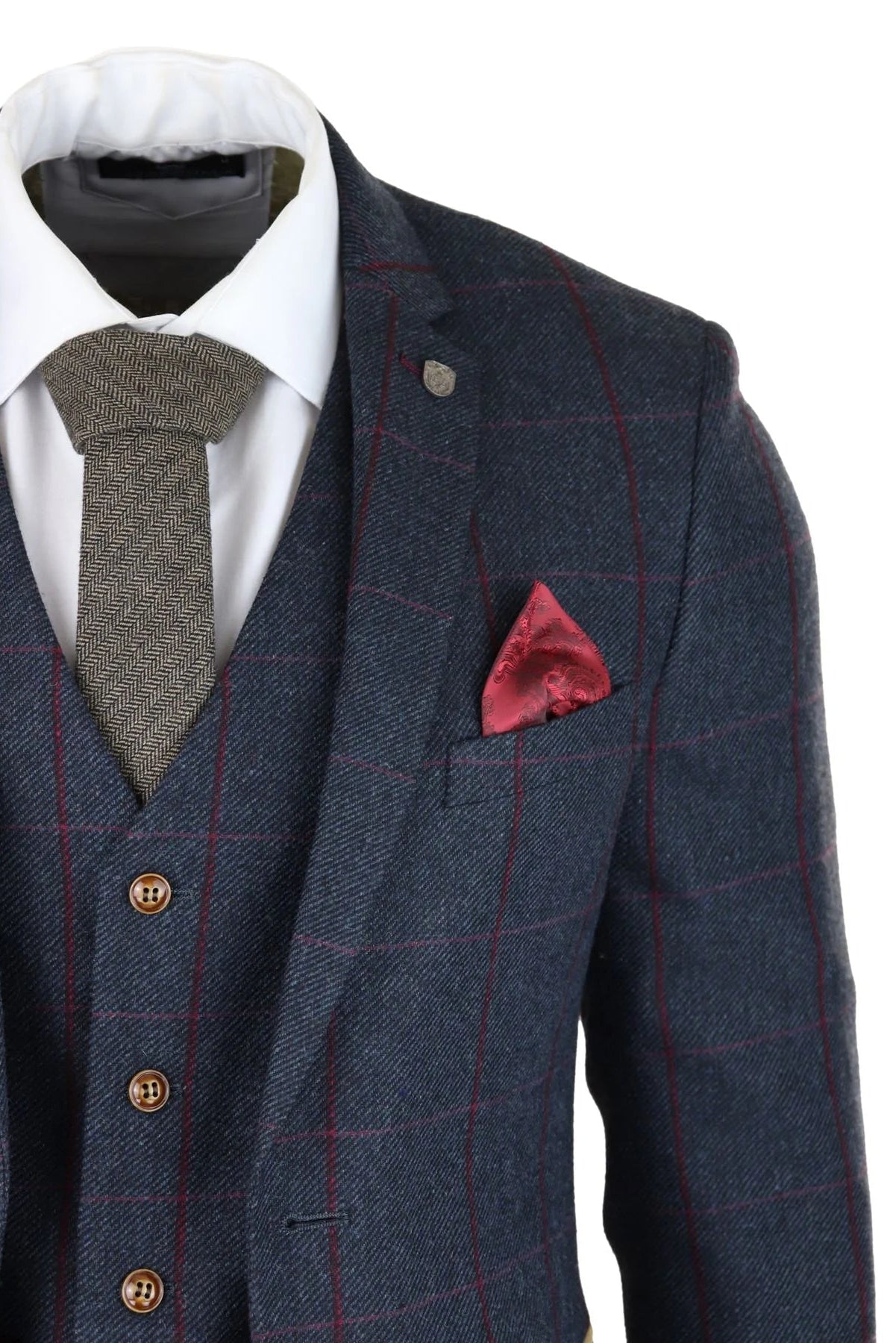 Terno masculino de tweed espinha de peixe, xadrez vermelho e azul marinho, 3 peças, estilo vintage anos 1920, corte sob medida.