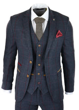 Terno masculino de tweed espinha de peixe, xadrez vermelho e azul marinho, 3 peças, estilo vintage anos 1920, corte sob medida.