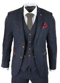 Terno masculino de tweed espinha de peixe, xadrez vermelho e azul marinho, 3 peças, estilo vintage anos 1920, corte sob medida.