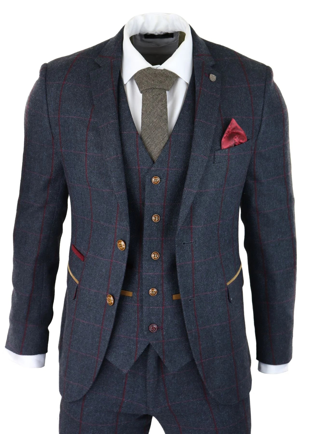Terno masculino de tweed espinha de peixe, xadrez vermelho e azul marinho, 3 peças, estilo vintage anos 1920, corte sob medida.