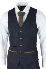 Terno masculino de tweed espinha de peixe, xadrez vermelho e azul marinho, 3 peças, estilo vintage anos 1920, corte sob medida.