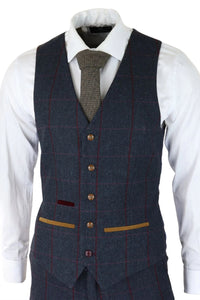Terno masculino de tweed espinha de peixe, xadrez vermelho e azul marinho, 3 peças, estilo vintage anos 1920, corte sob medida.