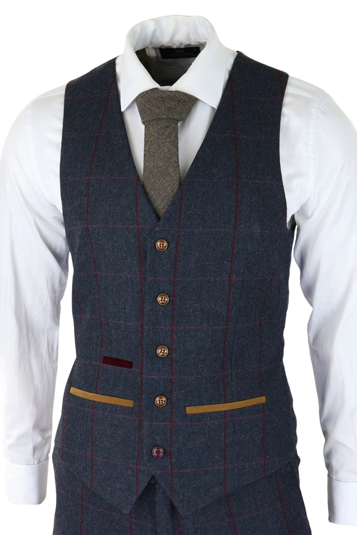 Terno masculino de tweed espinha de peixe, xadrez vermelho e azul marinho, 3 peças, estilo vintage anos 1920, corte sob medida.