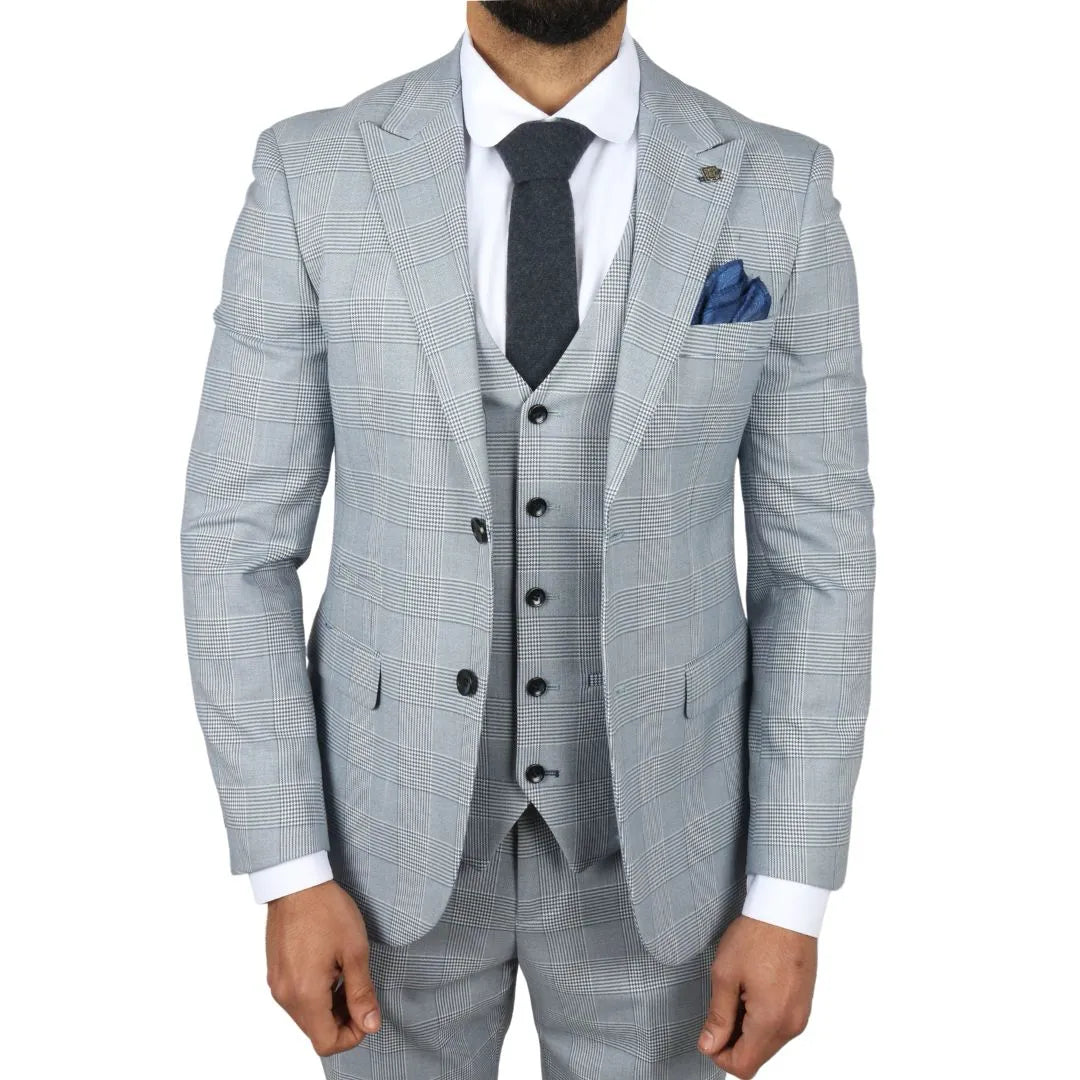 Terno masculino Mark azul claro de 3 peças com estampa xadrez em tweed e corte sob medida.
