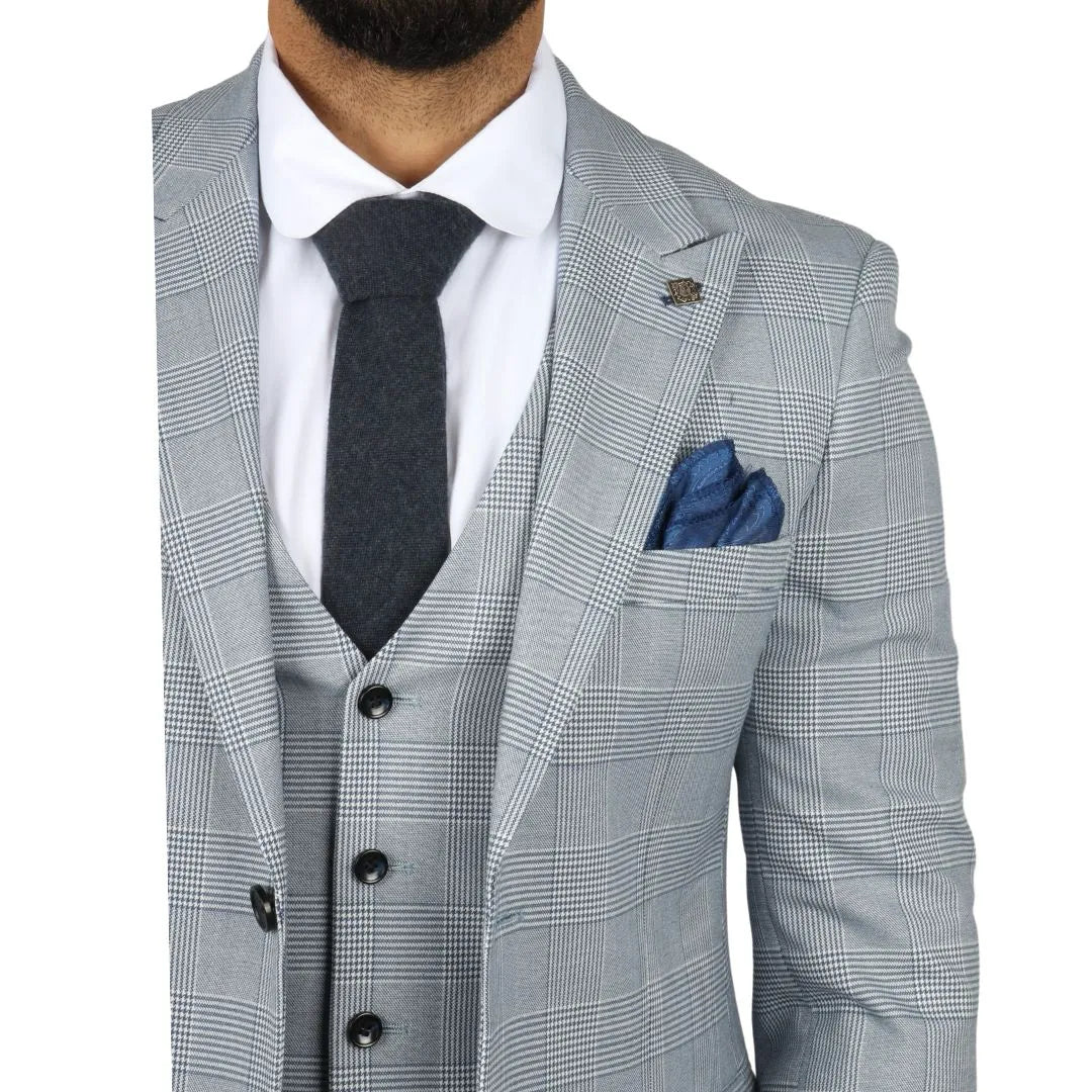 Terno masculino Mark azul claro de 3 peças com estampa xadrez em tweed e corte sob medida.