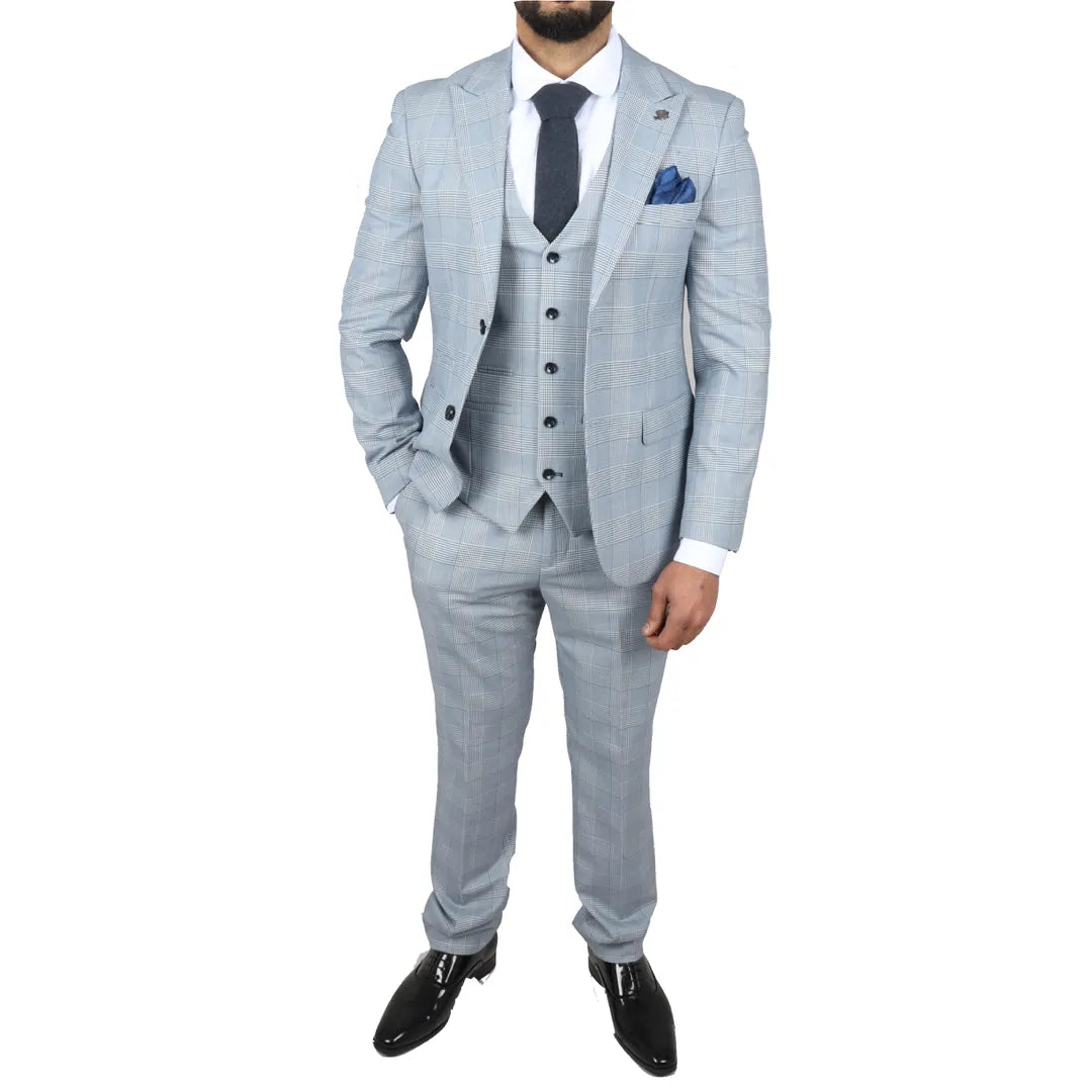 Terno masculino Mark azul claro de 3 peças com estampa xadrez em tweed e corte sob medida.
