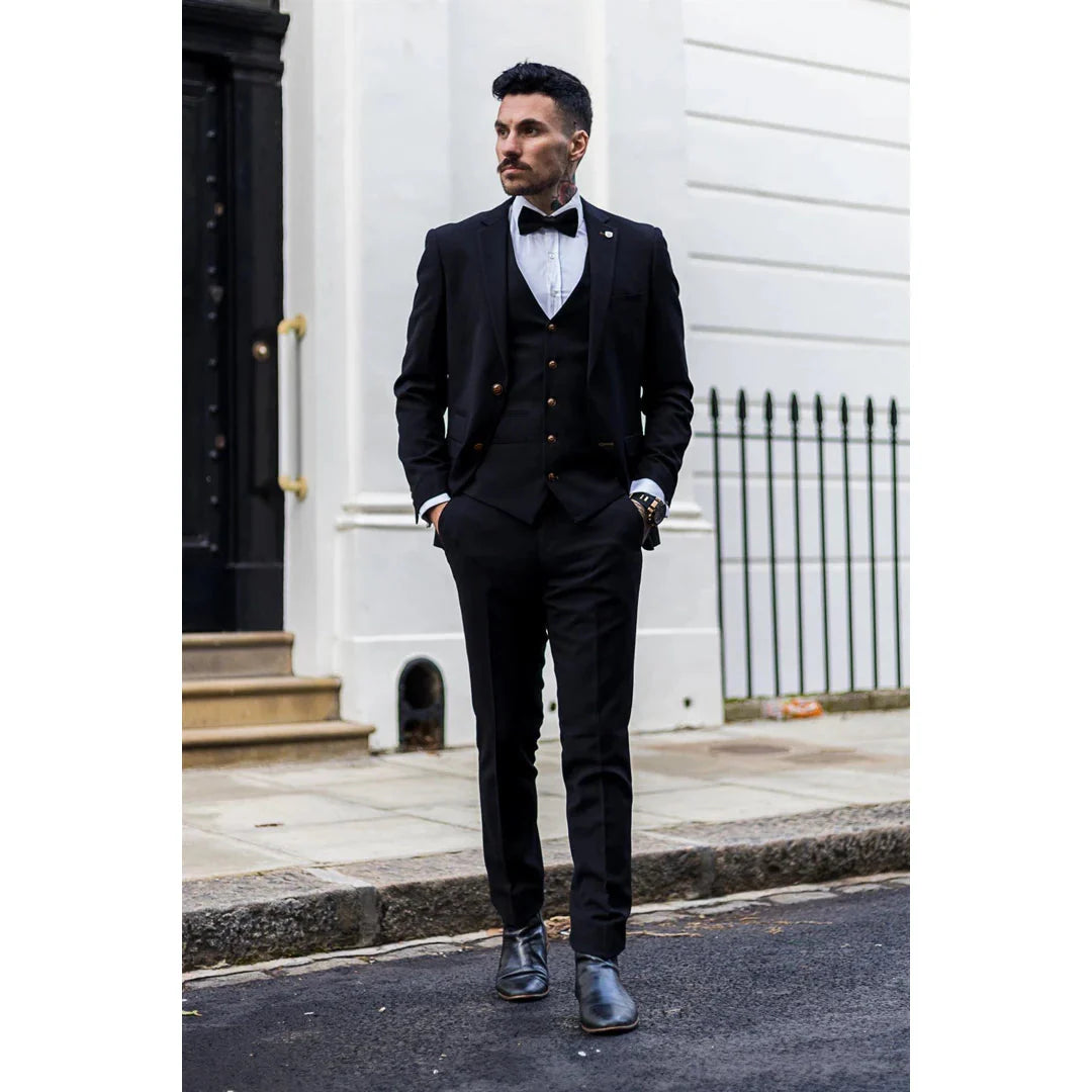 Mayfair - Terno masculino preto de 3 peças com colete creme