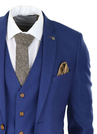 Terno masculino azul royal de 3 peças com detalhes em marrom, estampa clássica olho de pássaro vintage, ideal para casamento e noivo.