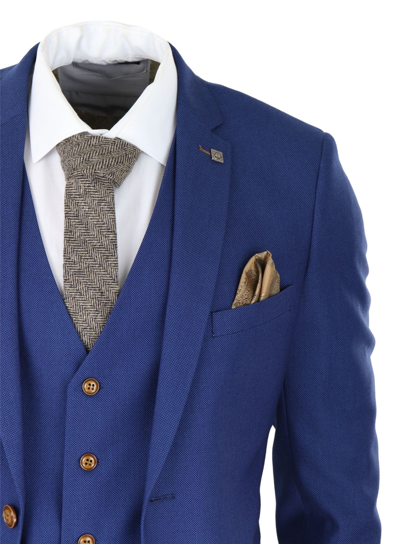 Terno masculino azul royal de 3 peças com detalhes em marrom, estampa clássica olho de pássaro vintage, ideal para casamento e noivo.