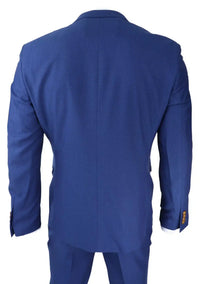 Terno masculino azul royal de 3 peças com detalhes em marrom, estampa clássica olho de pássaro vintage, ideal para casamento e noivo.