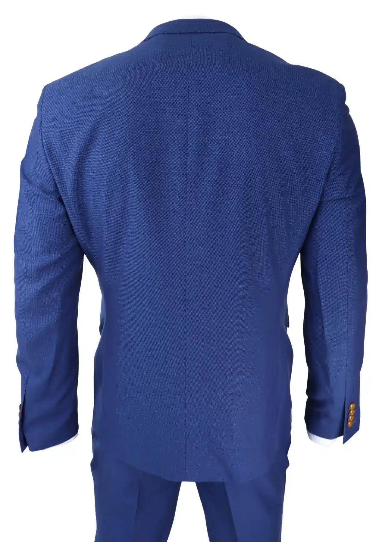 Terno masculino azul royal de 3 peças com detalhes em marrom, estampa clássica olho de pássaro vintage, ideal para casamento e noivo.