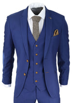 Terno masculino azul royal de 3 peças com detalhes em marrom, estampa clássica olho de pássaro vintage, ideal para casamento e noivo.